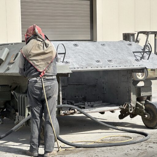 Sandblasting the outer hull of the M36 Jackson for repainting, March 2023.