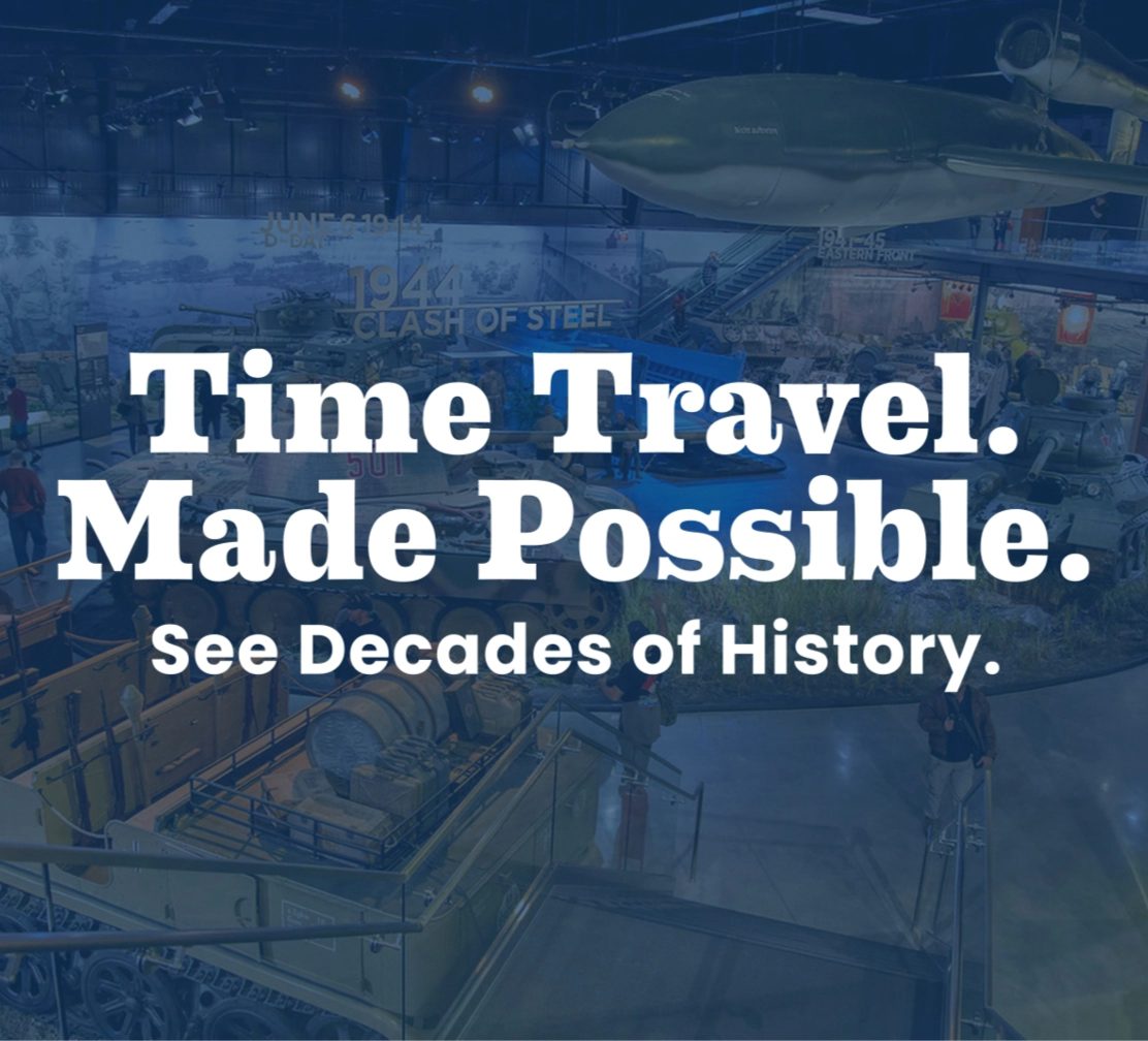 Time Travel Made Possible museum welcome graphic over the main exhibit hall