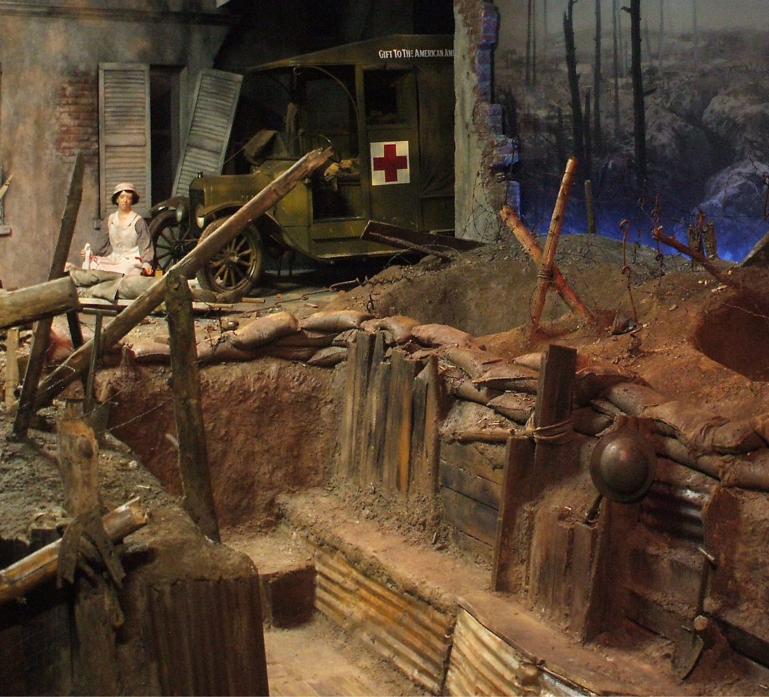 WWI trench diorama with Red Cross ambulance