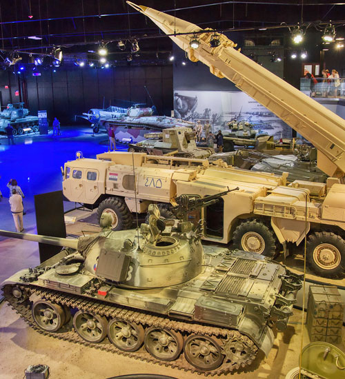 Gulf War exhibit with Iraqi SCUD launcher and armored vehicles