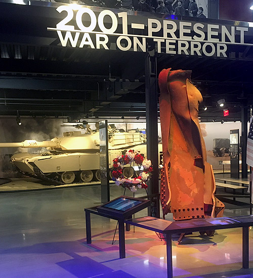 War on Terror exhibit with World Trade Center steel beam and M1 Abrams tank